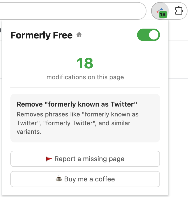 Formerly Free extension popup showing modification count, toggle switch, and report button